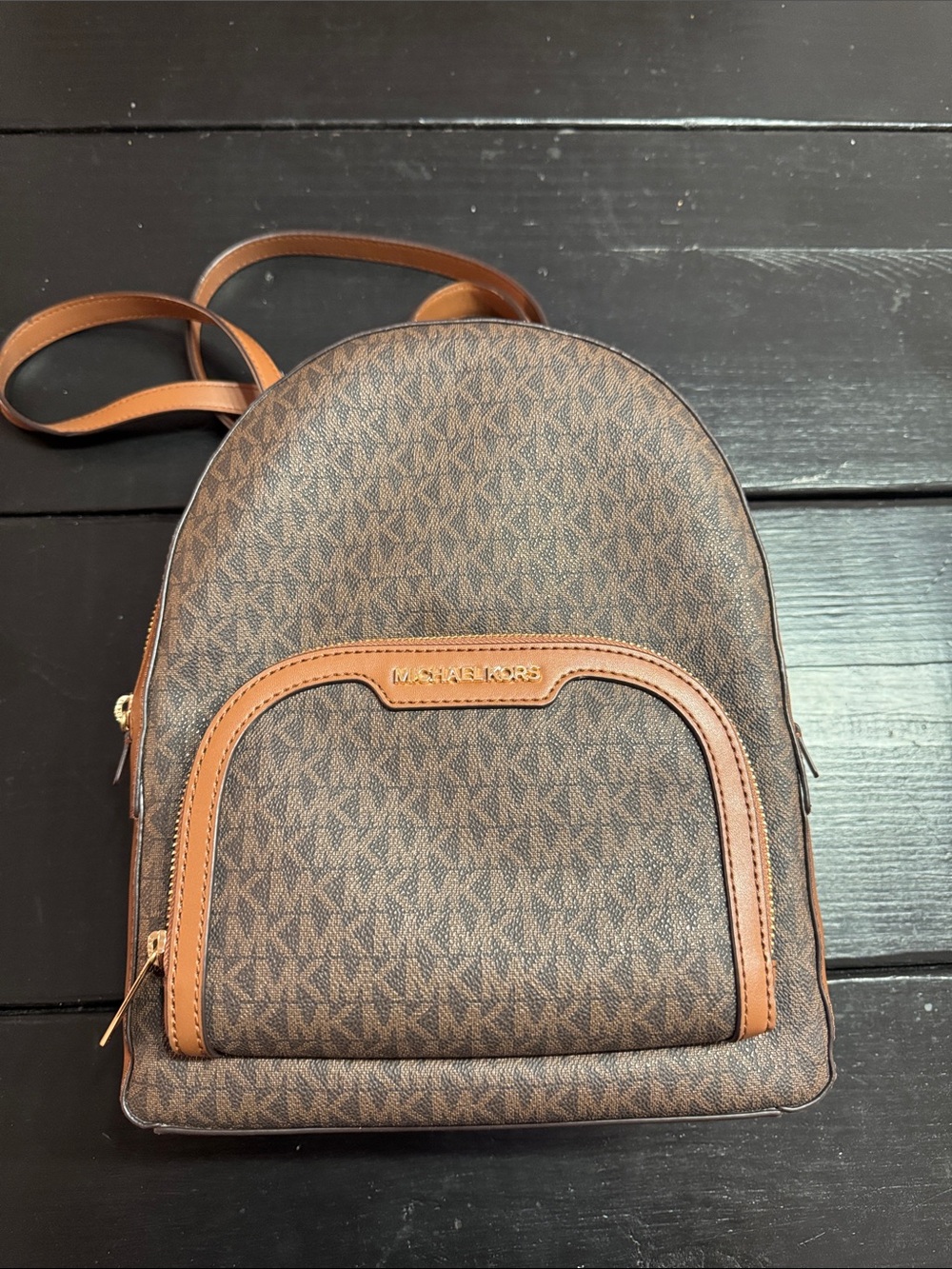 Michael Kors Brown Monogram Mini Backpack with Tan Trim